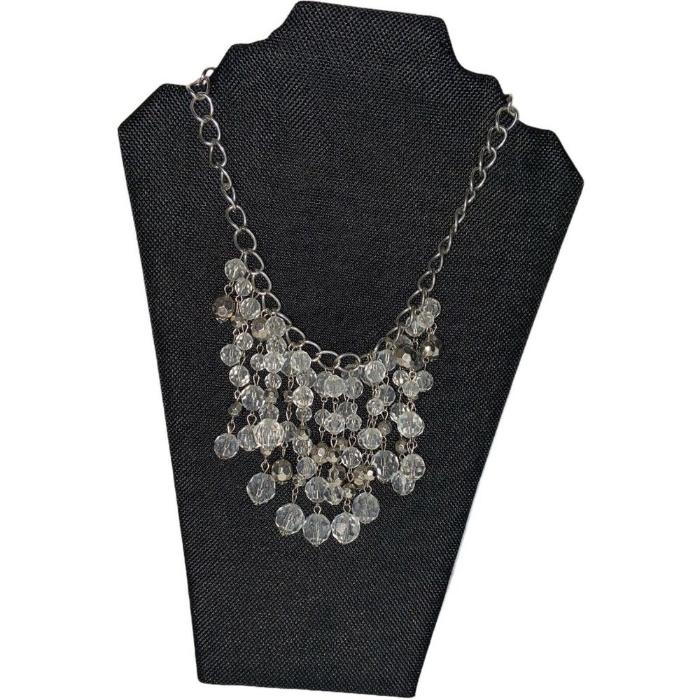 Silver Tone Chain Bib Dangle Statement Necklace